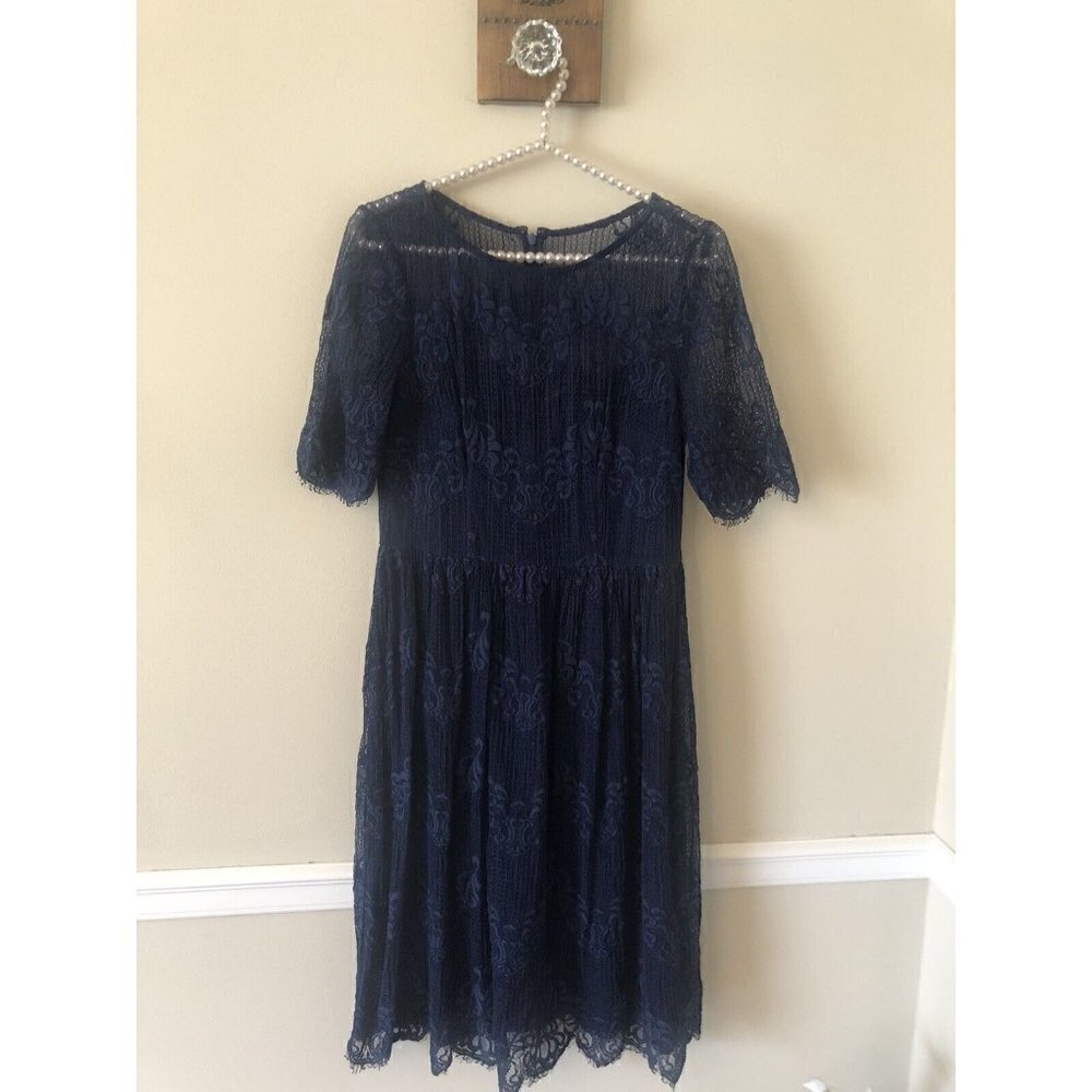Adrianna Papell Size 6 Blue Lace Cocktail Party Dress Short Sleeve